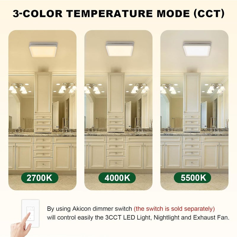 Akicon Bathroom Exhaust Fan with Light, 80CFM 2.0 Sones Exhaust Fan for Bathroom Ceiling, 15W Dimmable 3CCT LED Shower Lights & 3.5W Nightlight Vent Fan for Home, Square, White - Image 3